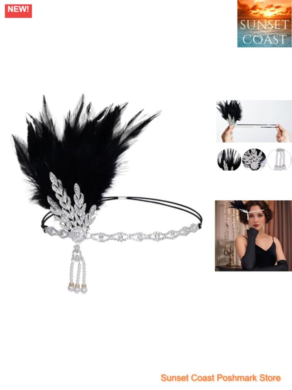 Rhinestone Feather Flapper Headband 1920s Vintage Chain Headpiece